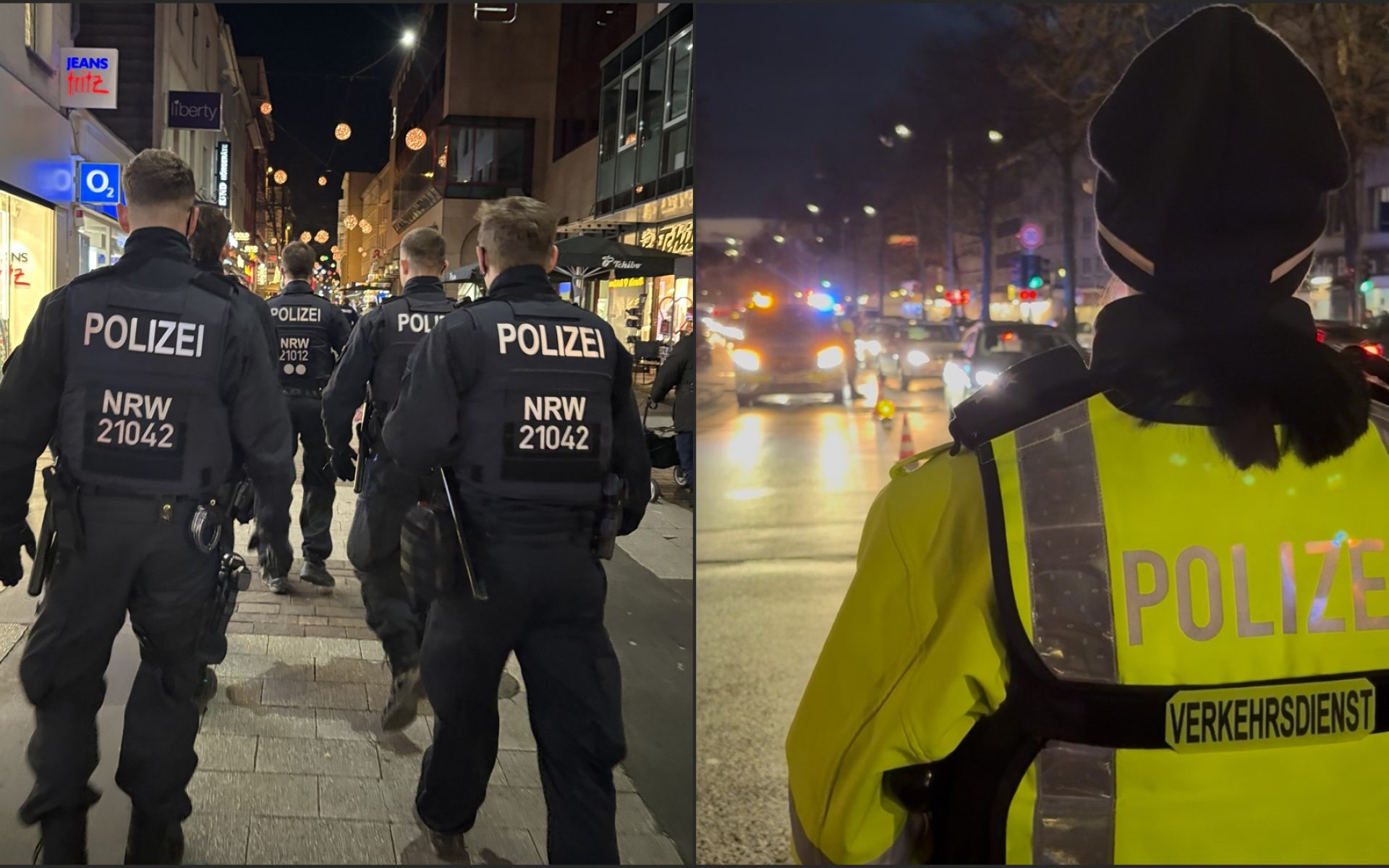 Polizisten in Solingen bei Nacht, Einsatz im urbanen Raum mit Sicht auf den Verkehr.